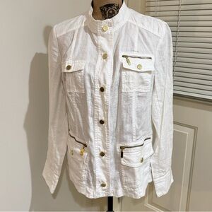 Chico’s 100% White Linen with golden buttons and zippers size 1 Vanity = Small